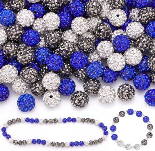90pcs 10mm Rhinestone Beads for Jewelry Making, Dark Blue+White+Hematite Shiny Round Shamballa Disco Beads, Sparkle Crystal Clay Christmas for Bracelet Baseball Necklace Earring and DIY by TINKRSTUFF