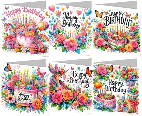 ACSAUMMY Diamond Art Happy Birthday Cards, 6 Pack 5D Diamond Greeting Cards Kits for Adults DIY Diamond Art Birthday Cards with Envelopes Birthday Gifts for Families, Friends, Partners by ACSAUMMY