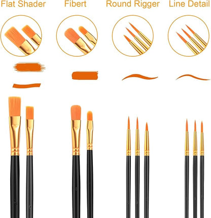 AROIC Acrylic Paint Brushes, 6 Packs / 60 pcs Nylon Hair Paint Brush Set for All Purpose Oil Watercolor Painting Artist Professional Kits (Black)