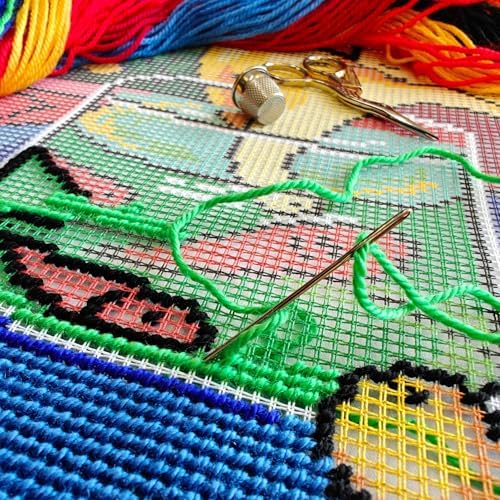 Brvsk Artistic Embroidery Kit for Adults and Beginners — Cat with Fish 16″ × 16″ with Clear, Precise Printed Design on Cotton Canvas; Includes 2 Needles, Yarn, and Easy-Read Chart - Image 3