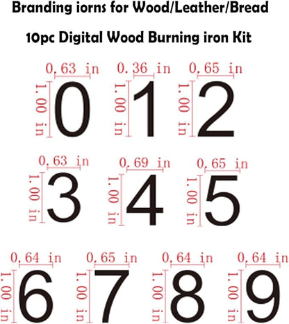 AIMOADO 1" 10 Pcs Number Branding Iron for Wood, Hats, Leather, Food - for Woodworking, BBQ, Steak, Personalized Gifts - with Wooden Box & 2 Handles (1" Number 0-9)