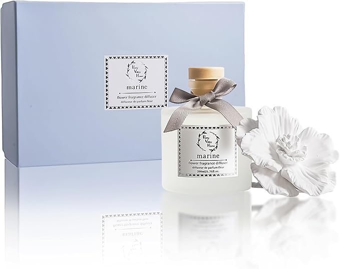 Pretty Valley Home Reed Diffuser Sets, 6.76 Fl. Oz / 200ML Ceramic Diffuser Flower Gift Box, Home Reed Diffuser for Bathroom Office Bathroom Living Room Decor (Marine White)