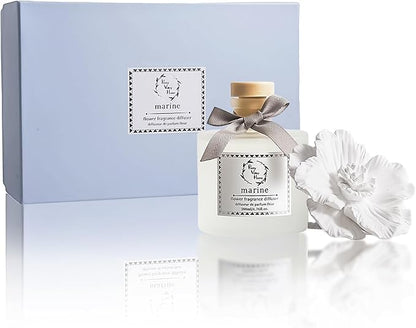 Pretty Valley Home Reed Diffuser Sets, 6.76 Fl. Oz / 200ML Ceramic Diffuser Flower Gift Box, Home Reed Diffuser for Bathroom Office Bathroom Living Room Decor (Marine White)