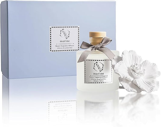 Pretty Valley Home Reed Diffuser Sets, 6.76 Fl. Oz / 200ML Ceramic Diffuser Flower Gift Box, Home Reed Diffuser for Bathroom Office Bathroom Living Room Decor (Marine White)