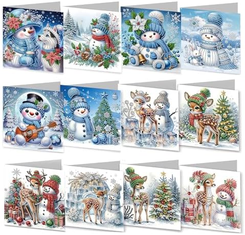 12 Packs Diamond Art Cards Kit, Diamond Painting Greeting Cards with Envelopes, DIY Card Making Kits for Adults, Gifts for Families, Friends, Partners (Snowman) by Unknown