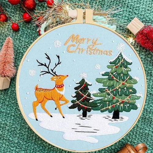 Huacan Embroidery Kits for Adults Beginner 4 Pcs Stamped Christmas Tree Pattern Stitching DIY Sewing Kit 7.9 x 7.9 Inch - Image 3