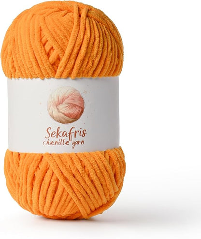 Orange Chunky Chenille Yarn for Crocheting, Bulky Velvet Yarns for Crochet, Baby Yarn for Crocheting Soft Blanket, 131yds /3.53 oz Fluffy Amigurumi Crochet Yarn