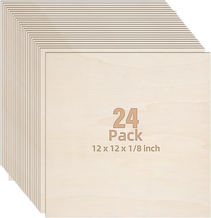 24 Pack Basswood Sheets 1/8, 3mm Basswood for Laser Cutting, Wood for Crafts 12x12 in, Suitable for Handmade, Painting, Charcoal Art and DIY Projects