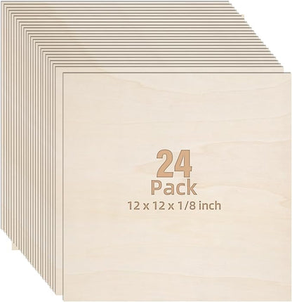 24 Pack Basswood Sheets 1/8, 3mm Basswood for Laser Cutting, Wood for Crafts 12x12 in, Suitable for Handmade, Painting, Charcoal Art and DIY Projects