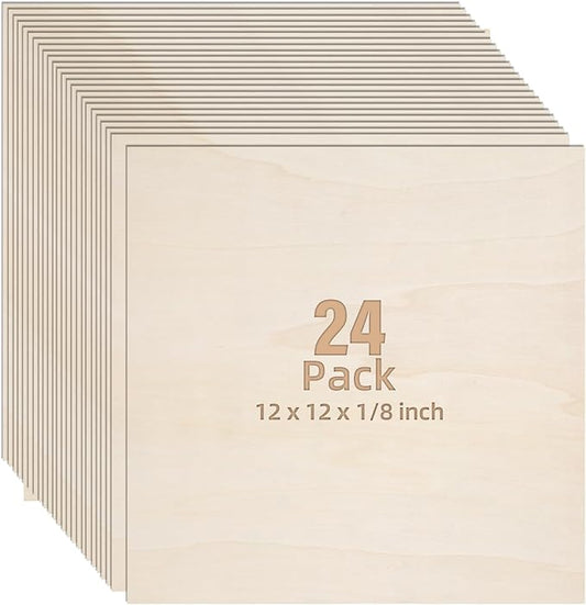 24 Pack Basswood Sheets 1/8, 3mm Basswood for Laser Cutting, Wood for Crafts 12x12 in, Suitable for Handmade, Painting, Charcoal Art and DIY Projects