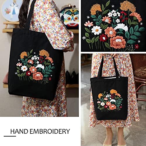 MAMUNU Canvas Tote Bag Embroidery Kit with Pattern for Beginners, Arts and DIY Crafts Kits for Adults, Include Instructions Embroidery Bag, Embroidery Hoops, Color Threads and Tool (Black) - Image 3