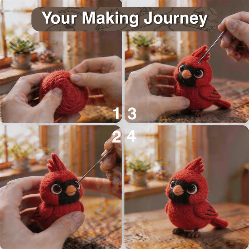 DIY Needle Felting Kit Cute Red Cardinal Bird on Branch – Needle Felting Starter Kit with Fiber Roving, Needles, Felting Pad & Instructions | Felted Bird Kit for Beginners Adults | DIY Craft Gift - Image 4