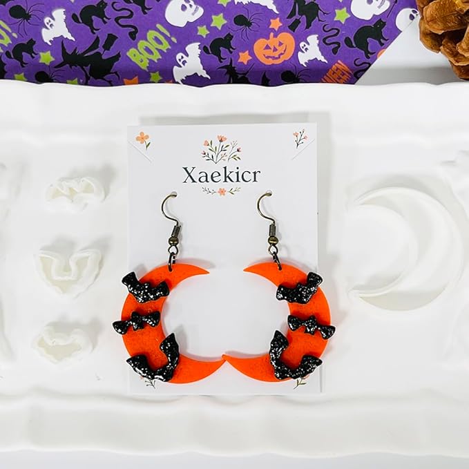 Halloween Moon Bat Polymer Clay Cutters Set – 4pcs Clay Earring Cutters for DIY Polymer Clay Jewelry Making, Clay Tools and Molds for Earrings