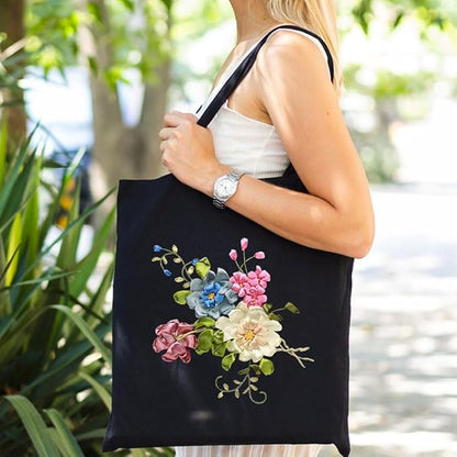 Canvas Tote Bag Silk Ribbon Embroidery Kit for Beginners, Arts DIY Crafts Starter kit, Include Stamped Bag Threads Hoop
