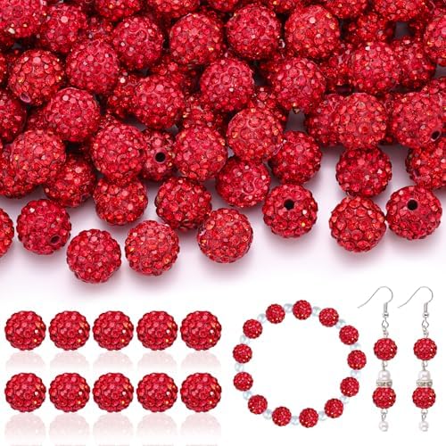 105pcs 10mm Rhinestone Beads for Jewelry Making, Red Shiny Round Disco Ball Beads Bulk, Sparkle Crystal Clay Christmas for Bracelet Baseball Necklace Earring Crafting and DIY by TINKRSTUFF