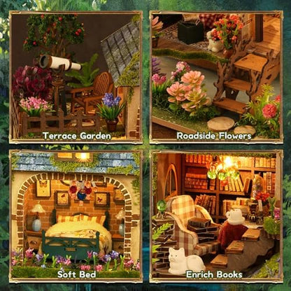 DIY Miniature House Kit, Victorian Dollhouse Kit, 3D Wooden Puzzles Bookshelf Craft Kits, Mini Doll House Building Kit for Adults Teen(Forest Cottage) - Image 5