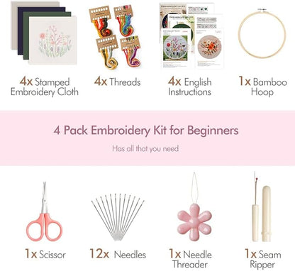 4 Pack Embroidery kit for Beginners Adults DIY Starter Kit, Cross Stitch Kits with Flower Stamped Patterns, Embroidery Hoop, Tools,Colorful Threads,Step by Step Instructions,Hand Craft Lover Gift