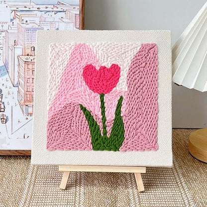 Allazone Punch Needle Embroidery Kit With Frame, Square Fabric, Flower Pattern, Hoop, Yarns (Pink Tulip) - Image 3