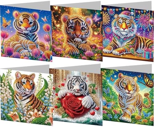 jinglinhh 6pcs Tiger Tulip Flowers Red Rose Firework Butterfly Diamond Art Painting Greeting Cards with Envelopes, DIY Card Making Kits for Adults, Diamond Art Postcards Christmas Cards Craft Gifts by Unknown