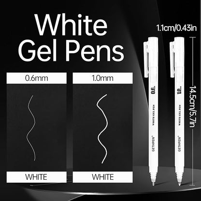 GETHPEN White Gel Pens,0.6/1.0mm Fine Point Gel Ink Pens,Opaque White Ink Pens for Black Paper Drawing, Sketching, Illustration, Card Making, Bullet Journaling,Pack of 6