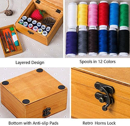 Flytreal Sewing Kit Small Box Basket, Wooden Hand Home Sewing Repair Tool Kit, Beginner Universal Sew Kit Accessories for Women, Men, Adults, Girls, Kids - Image 3