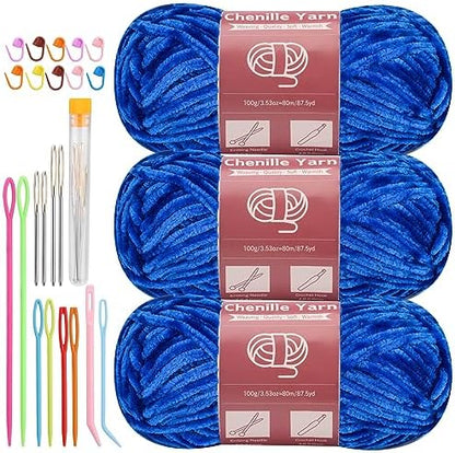 LUNARM Chenille Yarn 3 Pack 3.5oz Chunky Blanket Velvet Yarn 263 Yard by Lunarm
