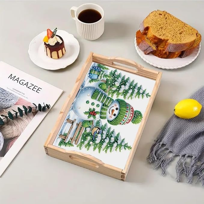 DoxQcs DIY Diamond Art Wooden Food Tray with Handle Diamond Painted Table Decoration Tray for Breakfast Bar Dinner Table Diamonds Art Painting for Beginners-Snowman