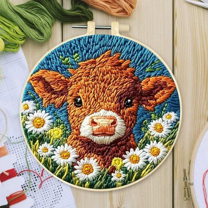 FRANDEK DIY Flower Cow Stamped Embroidery Kit with Hoop for Adults - Image 3