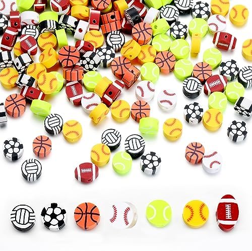 100Pcs Sports Ball Beads for Jewelry Making, Sports Polymer Clay Bead, Baseball Basketball Soccer Rugby Volleyball Football Beads for DIY Crafts Bracelet (Sports Ball) by LUBINGSHINE