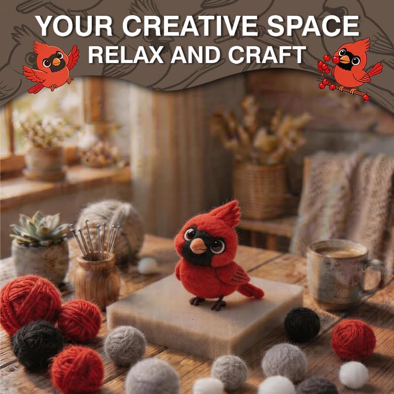 DIY Needle Felting Kit Cute Red Cardinal Bird on Branch – Needle Felting Starter Kit with Fiber Roving, Needles, Felting Pad & Instructions | Felted Bird Kit for Beginners Adults | DIY Craft Gift - Image 6