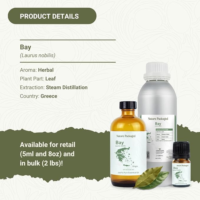 Nature Packaged Bay Essential Oil - Direct from Greece - Steam Distilled - Laurel for Aromatherapy, Massage, Diffuser, DIY Candle and Soap Making - 2lbs