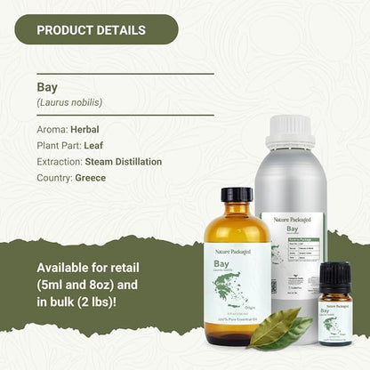 Nature Packaged Bay Essential Oil - Direct from Greece - Steam Distilled - Laurel for Aromatherapy, Massage, Diffuser, DIY Candle and Soap Making - 2lbs