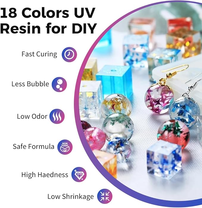 Honcaring UV Resin, 18 Colors UV Curing Hard Type Resin Clear, Fast Curing Odorless & Colored UV Resin Kit for Jewelry Making, Crafts, DIY(20g/0.68oz Each)