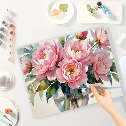 Peony Bloom Paint by Numbers Kit for Adults - DIY Pink Flowers in Glass Vase and Petals Falling Painting on Canvas 12x16In, Framed Acrylic Paint Set for Beginners, Art for Home Decoration Gift - Image 3