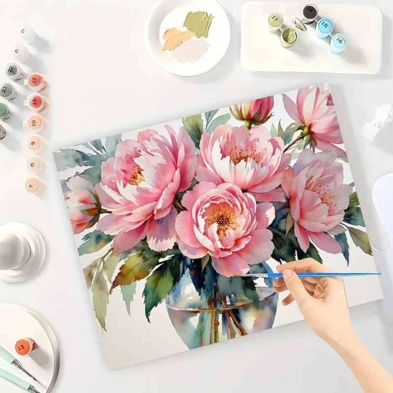 Peony Bloom Paint by Numbers Kit for Adults - DIY Pink Flowers in Glass Vase and Petals Falling Painting on Canvas 16x20In, Framed Acrylic Paint Set for Beginners, Art for Home Decoration Gift - Image 3