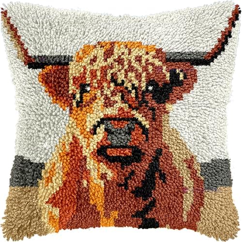veirousa Latch Hook Kits for Adults, DIY Highland Cow Pillow & Rug Craft Kit for Beginners, Animal Handmade Yarn Art, Relaxing Home Sofa Decor Gift 17x17 Inch by VEIROUSA