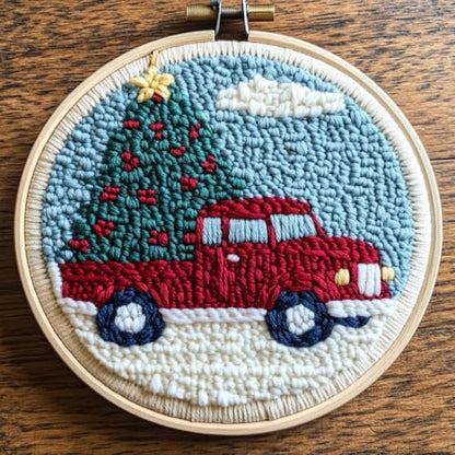DIY Punch Needle Kits Christmas Truck Christmas Tree with Hoop 20x20cm-2 by Unknown