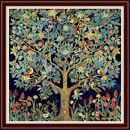 Joyhoor Cross Stitch Kits for Beginners Stamped Cross-Stitch Supplies Needlework preprint Embroidery Kits for Adults DIY Needlepoint Kit Embroidery Patterns 11CT-Little Bird Tree of Life 18x18 inch by JoyhoorCrossStitchKits