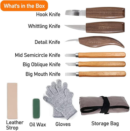 10Pcs Wood Carving Kit, Beginner Set With Resistant Gloves, Spoon & Whittling Knife, Sandpaper for Woodworking