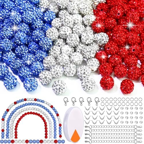 Dowarm 255PCS 10mm Rhinestone Beads for Baseball Rhinestone Necklace Bracelet Jewelry Making, Round Polymer Clay Beads for Crafts Beaded Pen, DIY Shamballa Pave Disco Ball Bead, White|Ice Blue|Red by Dowarm