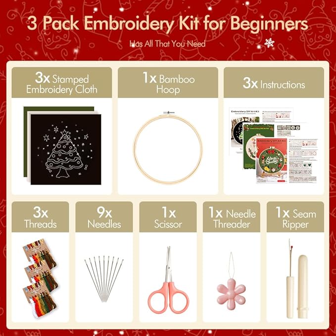 Christmas Embroidery Kits: 3 Pack Cross Stitch Kit for Beginners Adults, DIY Ornaments Craft Kit with All Tools & Instructions, Stamped Hand Embroidery Starter Kit for Holiday Crafts & Xmas Home Decor