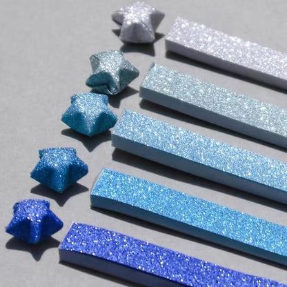 Origami Stars, Sparkling Origami, Star Colored Origami Strips, DIY Handmade Craft Paper (520 sheets of blue gradient glitter) - Image 6