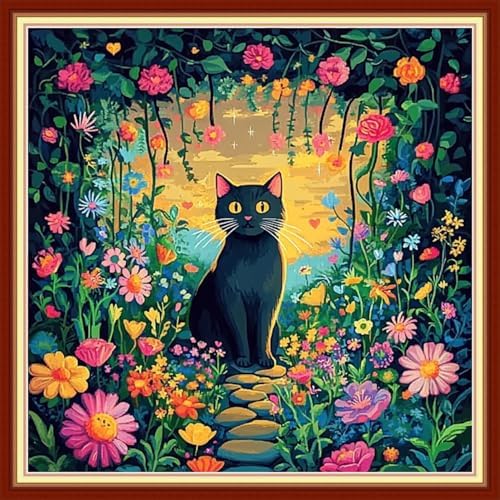 Redxing Stamped Cross Stitch Kits Embroidery kit for Beginners Adults Full Range of Embroidery Patterns Starter Kits DIY Printed Cross Stitch Kits Needlepoint Kits 11CT-Garden Cat 18x18 inchs by RedxingStampedCrossStitchK
