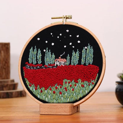 SUQUUB 3 Sets Embroidery Starter Kit with Pattern and Instructions,Cross Stitch Beginner Kits with Frame,3 Plastic Embroidery Hoops,3 Embroidery Clothes and Color Threads (3X Landscape Pattern)
