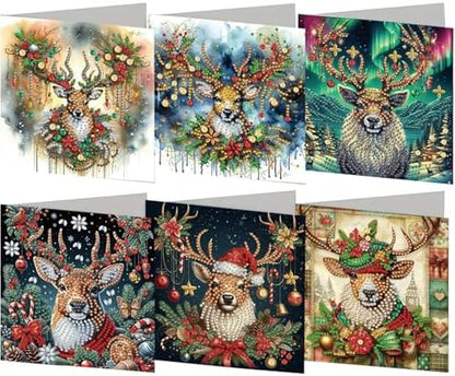 jinglinhh 6pcs Christmas Elk Aurora Diamond Art Painting Greeting Cards with Envelopes, DIY Card Making Kits for Adults, Diamond Art Postcards Christmas Cards Craft Gifts by Unknown