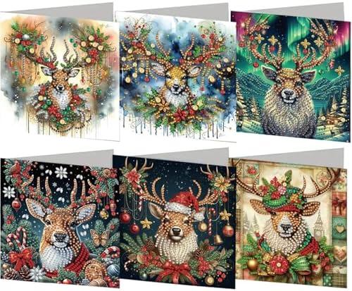 Diamond Art Christmas Cards Kit, 6PCS DIY Diamond Painting Christmas Cards with Envelopes, 5D Diamond Dot Greeting Cards for Adults, Xmas Card for Holiday Crafting Gifts (Christmas Elk) by Unknown