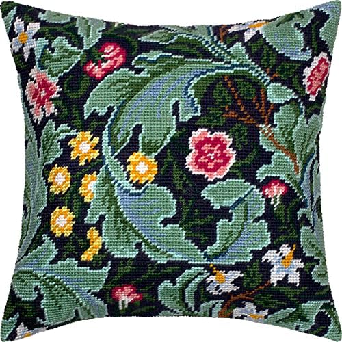 Floral Stamped Cross-Stitch Kit for Adults and Beginners — Leicester by John Henry Dearle 16″ × 16″ with Clear, Precise Printed Design on Cotton Canvas; Includes 2 Needles, Yarn, and Easy-Read Chart by Brvsk