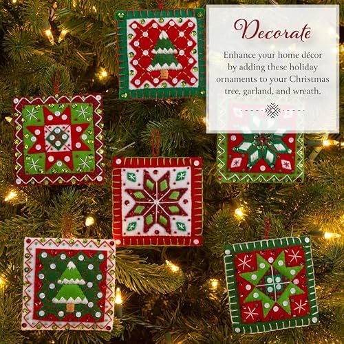 Bucilla Felt Applique 4 Piece Ornament Making Kit, Holiday Quilt Squares, Perfect for DIY Arts and Crafts, 89753E - Image 4