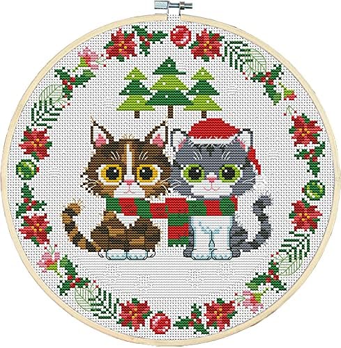 Awesocrafts Cross Stitch Kits Two Christmas Kittens 11CT Stamped Patterns Easy Cross Stitching Embroidery Needlework Kit Supplies (Kittens) by Awesocrafts