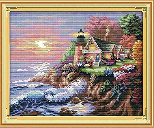 Stitchmelody 14CT Counted Cross Stitch Kits,DMC Unprinted Pattern Embroidery Set Needlework-The Seaside Lighthouse 17.3''×14''